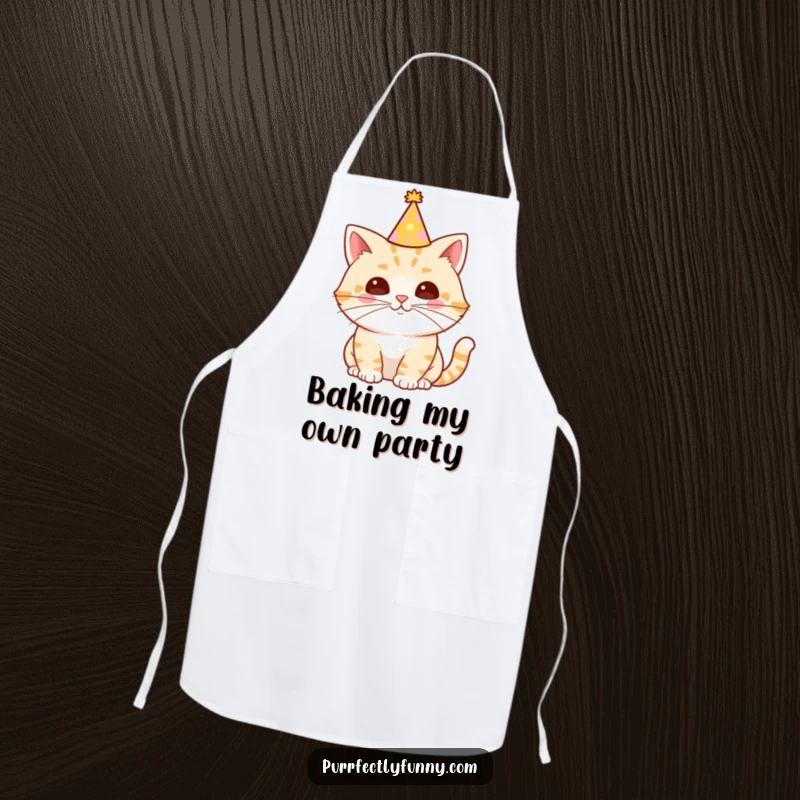 Funny Cat Apron depicting a cat in a party hat with a long, celebratory whisker, perfect for adding humor while cooking or baking.