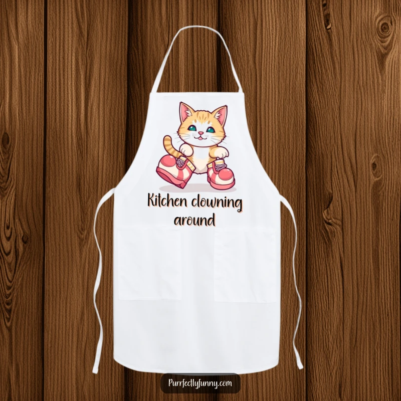 Funny apron design of a cat comically tripping over oversized clown shoes, practical and humorous for the kitchen.