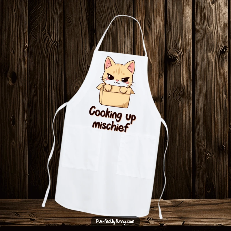 Funny cat peeking out of a box with a mischievous smirk, printed on a kitchen apron, adding playful flair.