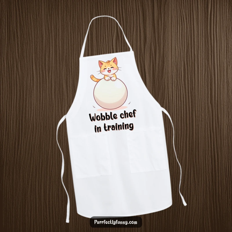 Funny cat performing a balancing act on a giant bouncy ball while wearing a chef's hat, a humorous apron.