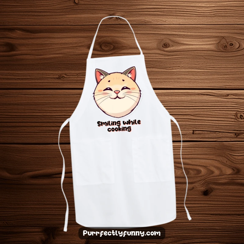 Funny kitchen apron with a round, smiling cat face and comically exaggerated, bouncy whiskers.