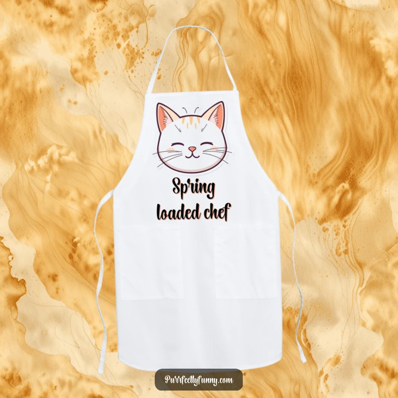 Funny apron showcasing a cute cat head, its whiskers styled as energetic springs, adding a playful and humorous touch to kitchen tasks.