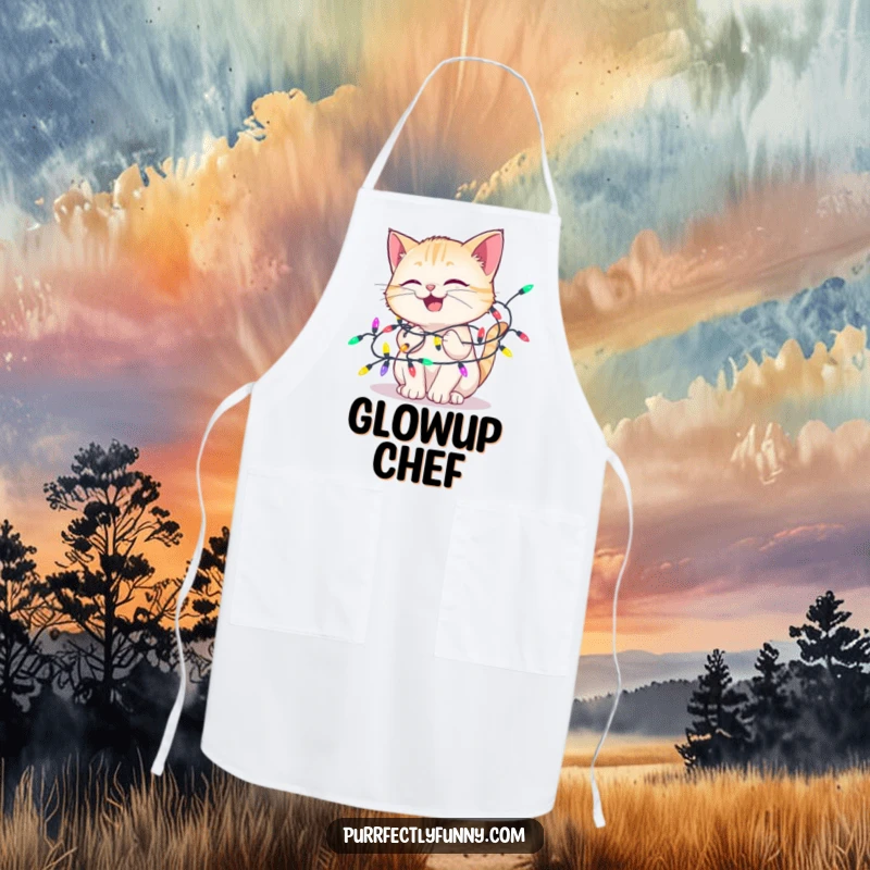 Funny apron showing a delighted cat tangled in colorful holiday lights, adding humor and festive cheer to kitchen tasks.