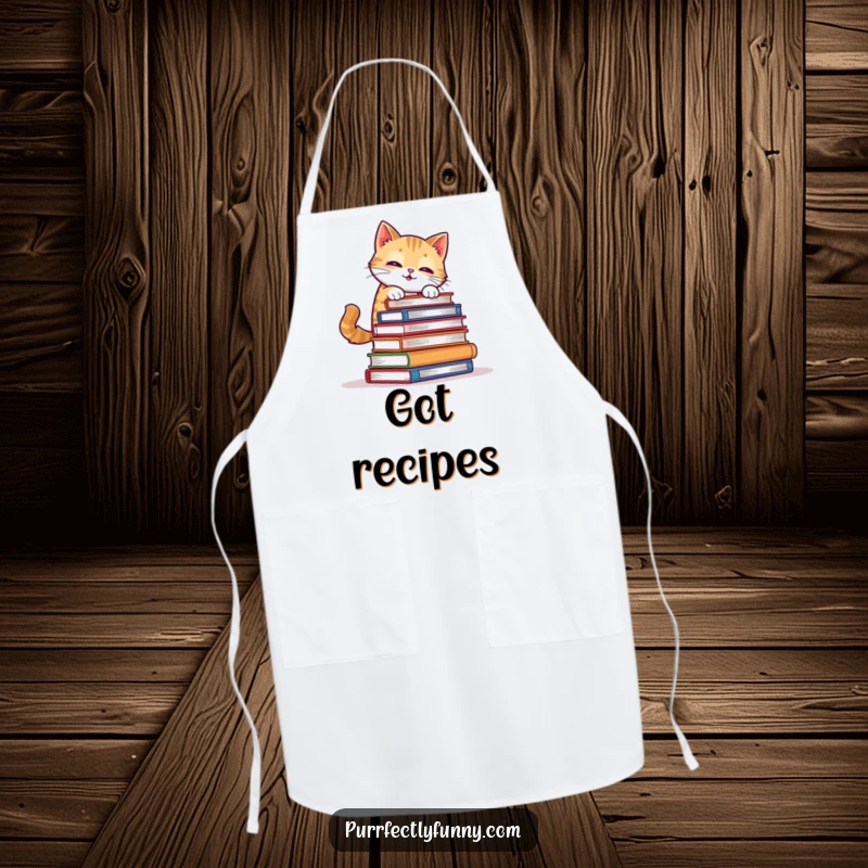 Funny Cat Apron: A cat comically attempts to balance a stack of books while cooking, a humorous and practical kitchen accessory.