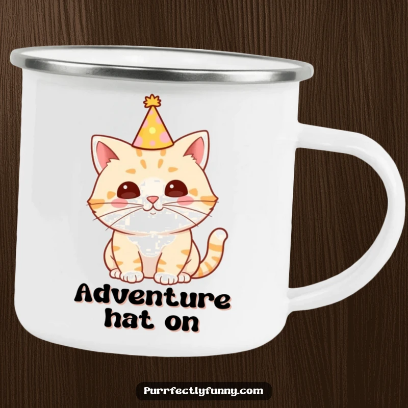 Funny Cat Camping Mug showcasing a cat in a party hat with an exceptionally long whisker, ideal for enjoying drinks outdoors with a laugh.
