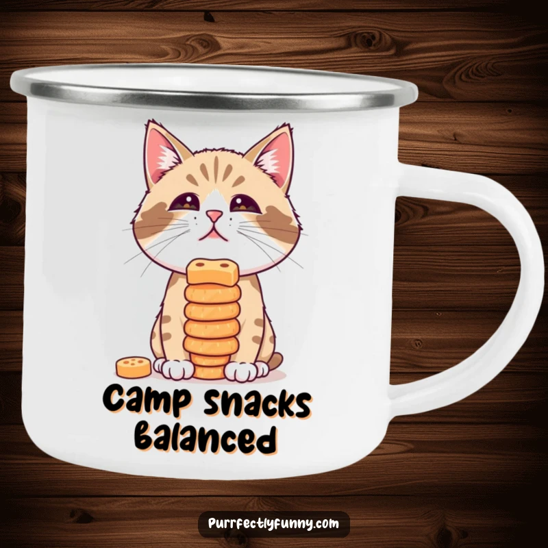 Funny camping mug featuring a cat attempting to balance a stack of treats on its nose, combining outdoor fun with humor.