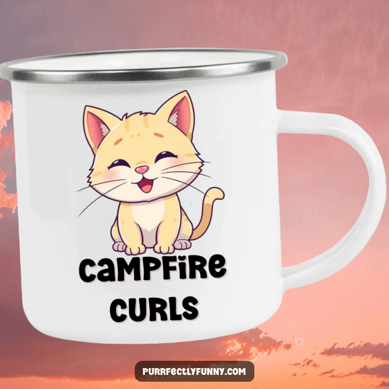 Funny camping mug showing a delightful cat with whiskers curled into happy, playful spirals, perfect for enjoying drinks in the great outdoors.