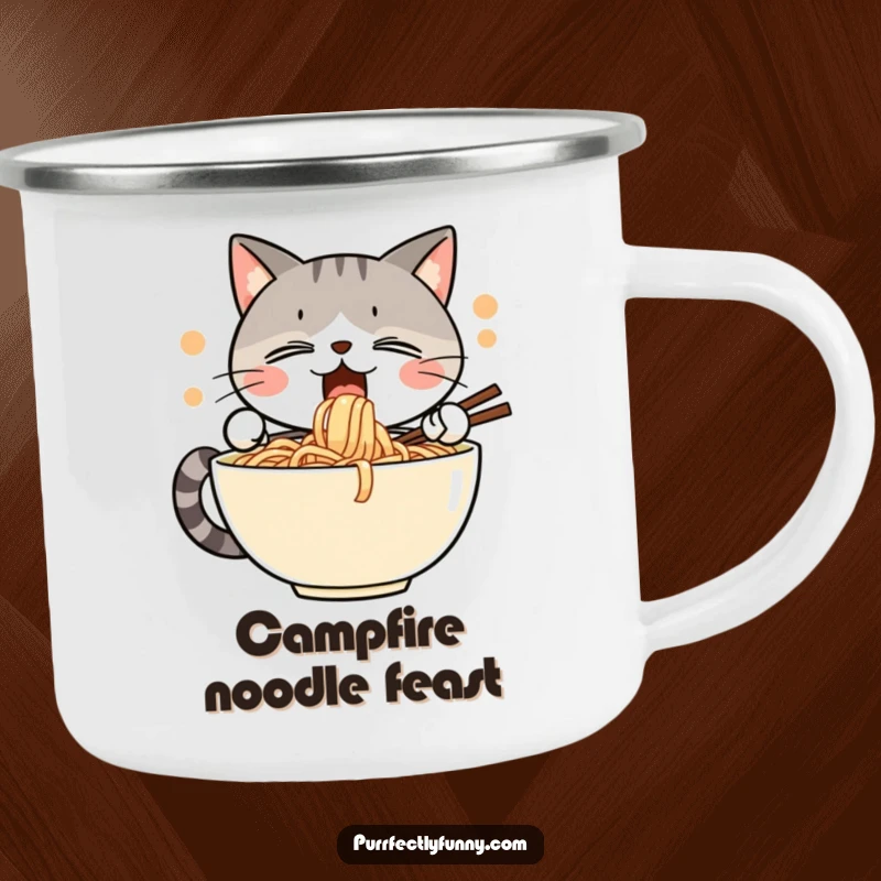 Funny camping mug showing a cat with eyes closed in bliss, enthusiastically slurping a giant bowl of noodles, ready for any adventure.
