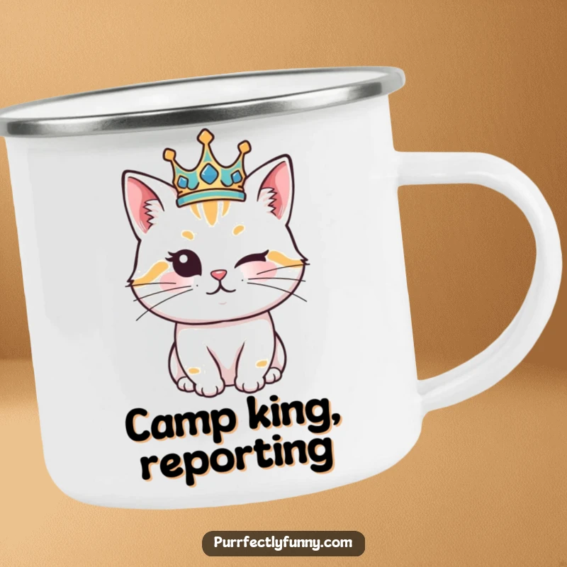 Funny Cat Camping Mug: A sturdy enamel mug featuring a funny depiction of a crowned cat tipping its crown with a wink.