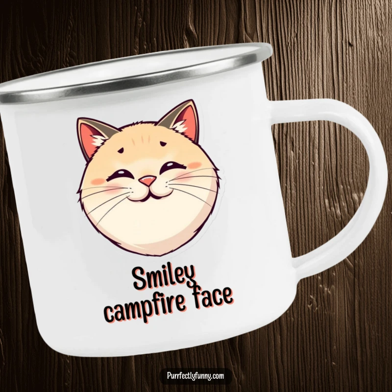 Funny enamel camping mug with a round, smiling cat face and comically exaggerated, bouncy whiskers.