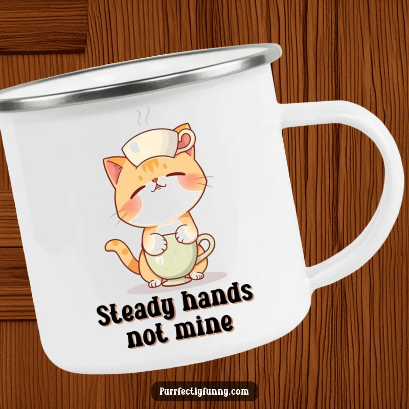 Funny camping mug showing a cat in a funny, unbalanced pose, failing to balance a teacup on its head, great for camping.