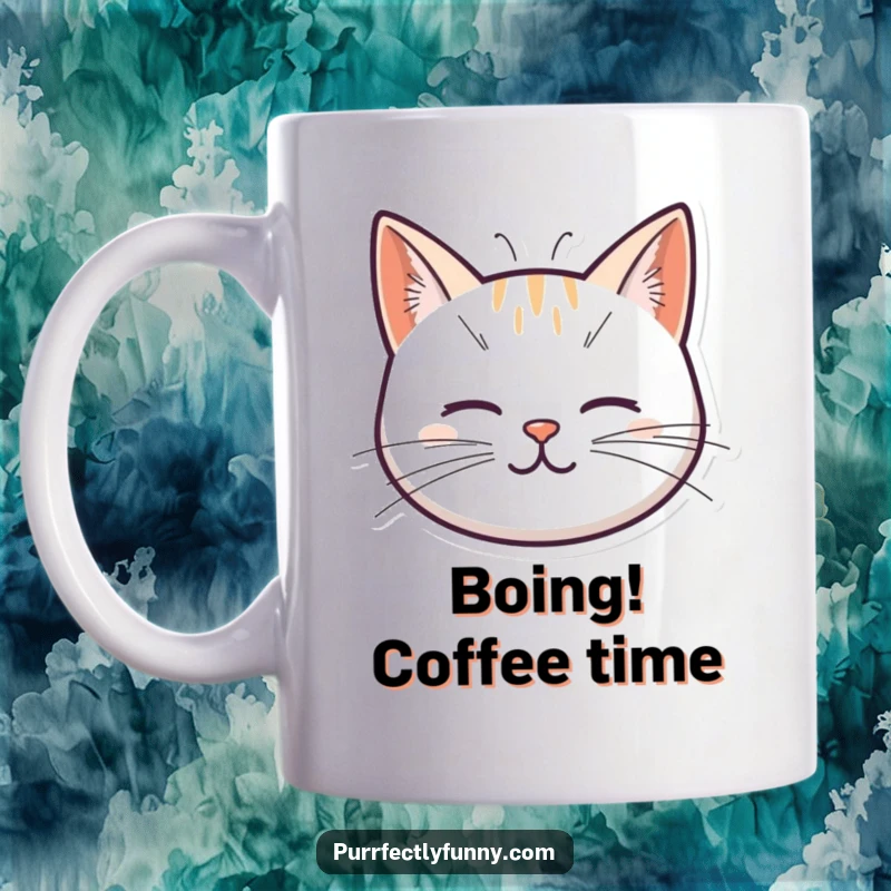 Funny mug showcasing a simple cat head with whiskers depicted as coiled springs, ready to bounce with playful energy and charm.