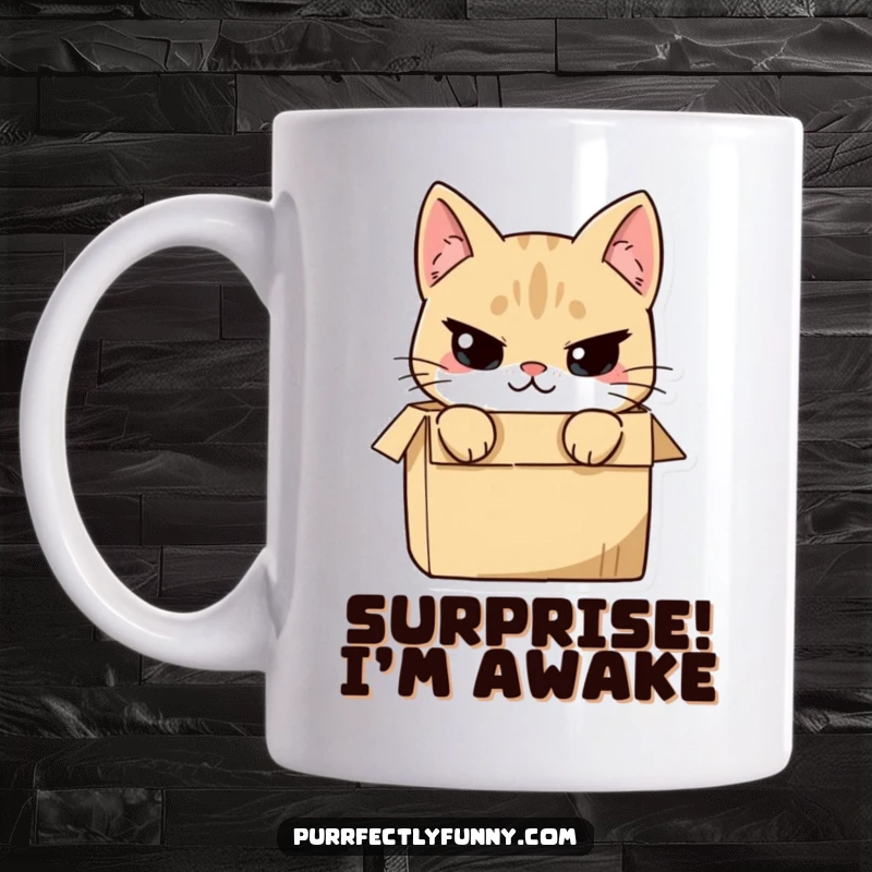 Funny cat character peeking out from a cardboard box with a sly, mischievous smirk, printed on a mug.