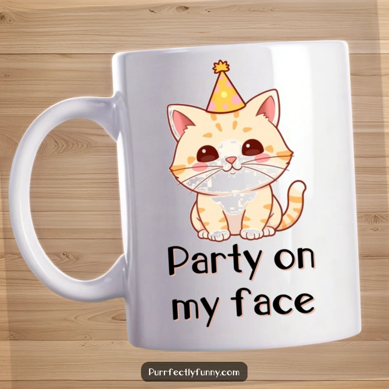 Funny Cat Mug with a tiny party hat and an extra-long celebratory whisker, looking ready for a party and a good time.
