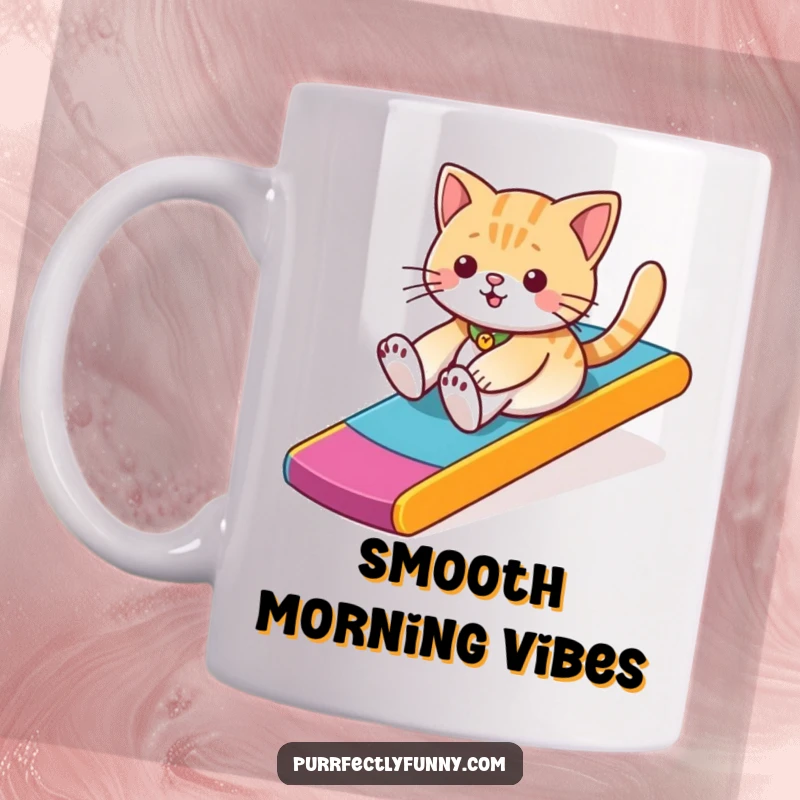 Funny cat gleefully sliding down a bright, multi-colored ramp, captured in a moment of pure, playful motion.