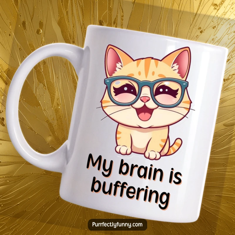 Funny cat wearing large, silly glasses, giggling uncontrollably - a humorous mug design for ultimate cat lovers.