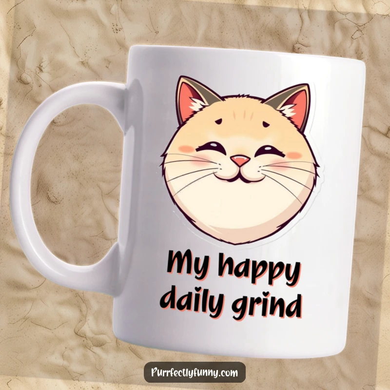 Funny ceramic mug featuring a round, smiling cat face with comically exaggerated, bouncy whiskers.