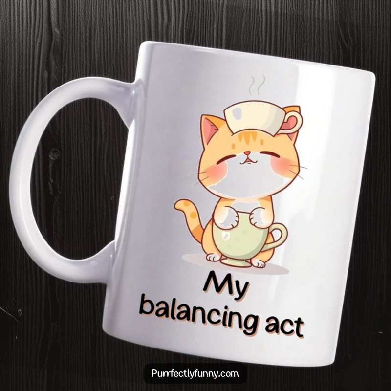 Funny mug featuring a cat comically failing to balance a teacup on its head, looking bewildered and clumsy.