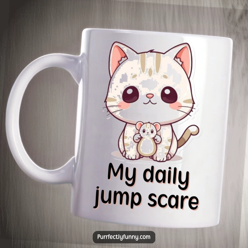 Funny surprised cat mug featuring a toy mouse popping out, startling the wide-eyed feline, perfect for a gag gift.