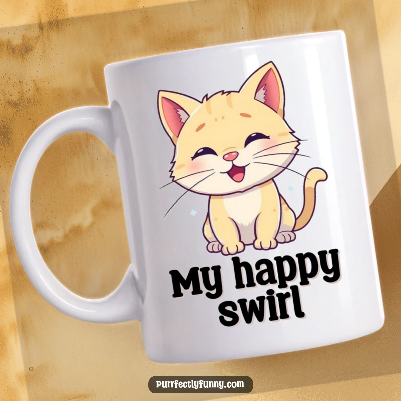 Funny mug showcasing a happy cat with whiskers elegantly curled into cheerful, soft spirals, exuding contentment and playful charm.