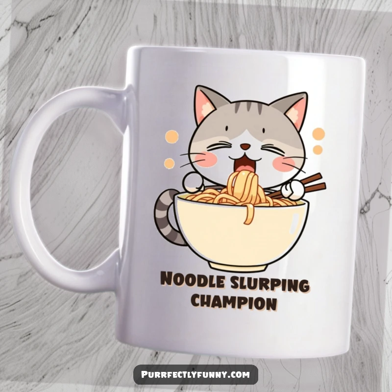 Funny mug showing a cat with eyes closed in blissful delight, enthusiastically slurping a huge bowl of noodles.