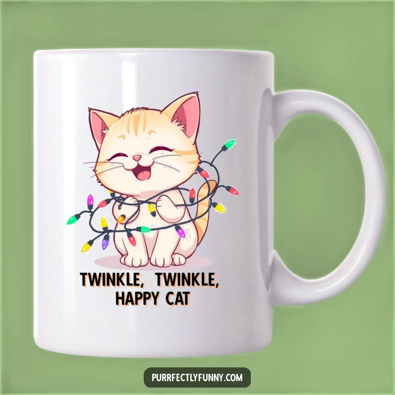 Funny Delighted Cat Lights Mug: Festive Tangle, Perfect Humorous Holiday Gift