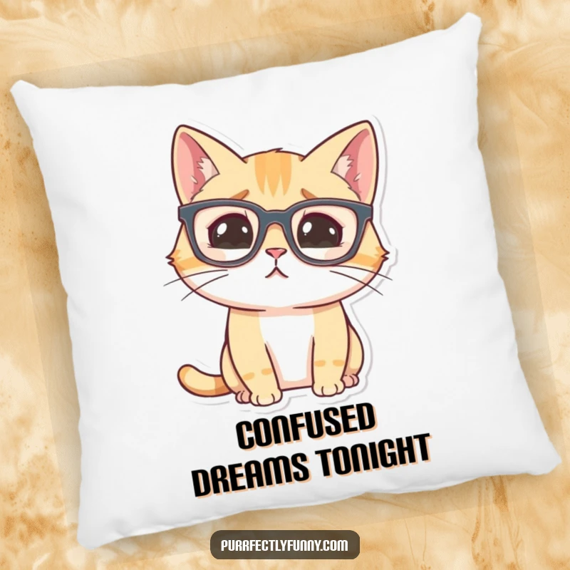 Funny cat with large glasses, looking comically confused, on a soft pillow, ideal for adding humor.
