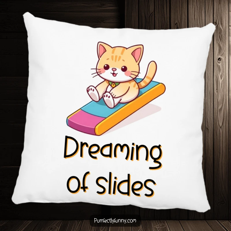Soft, plush pillow featuring a funny cat in a dynamic pose, sliding down a brightly colored ramp for ultimate comfort.