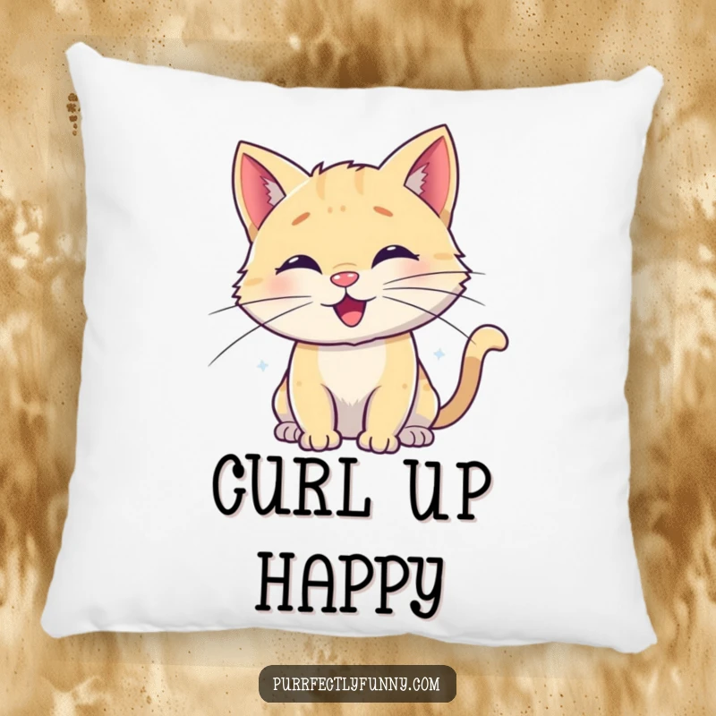 Funny pillow depicting a content cat, its whiskers creatively rendered into delightful, happy spirals, adding a touch of whimsical comfort.
