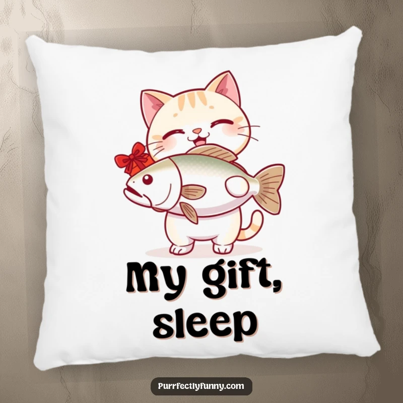 Funny cat pillow showcasing a happy cat with a giant fish, providing comfort and a humorous visual element.