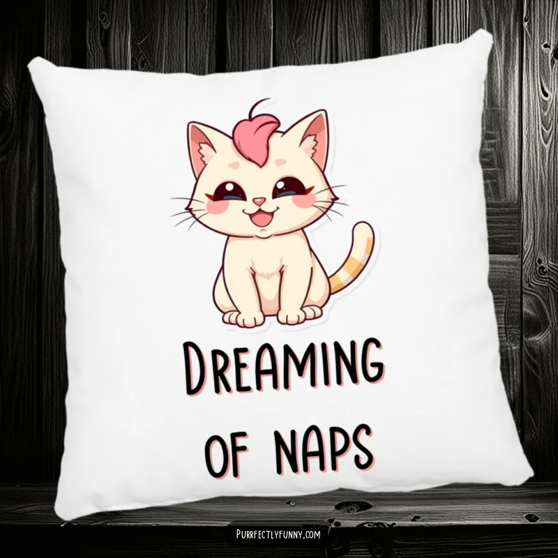 Funny cat pillow with a silly, wide-grinning cat face and an exaggerated fanned tail, offering comfort and humor.