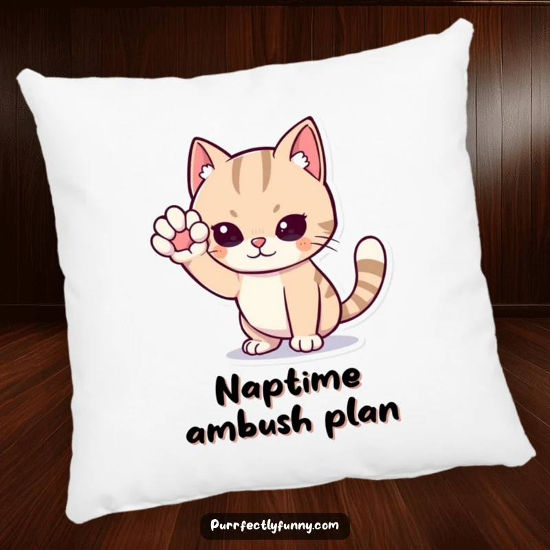Funny cat pillow, a cartoon cat in a dramatic sneaking pose, one paw raised high, looking intently, perfect for cozying up with mystery.
