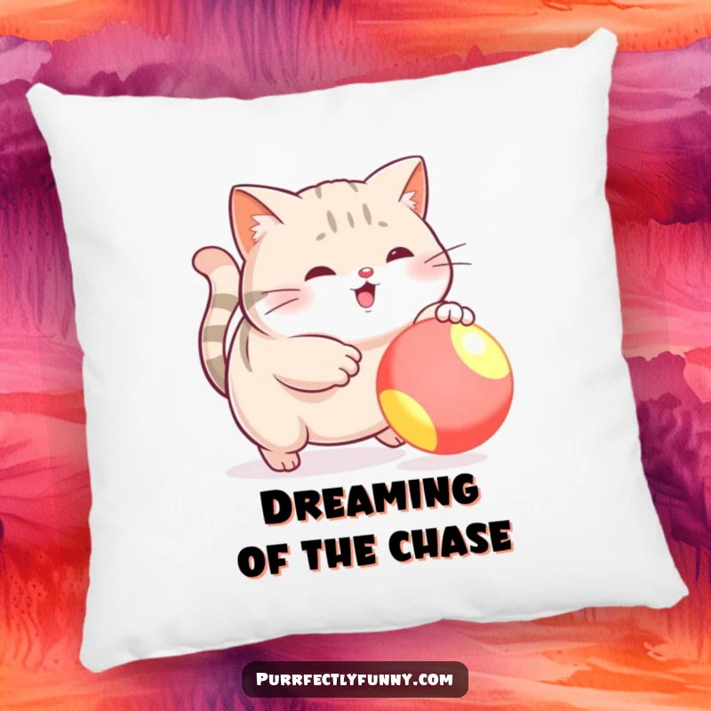 Funny pillow featuring a plump cat with a comical expression, trying to catch a bouncy ball, perfect for adding fun to any room.