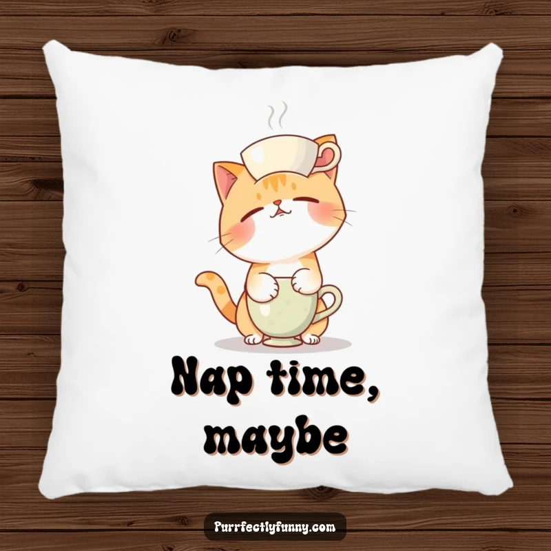 Funny pillow showing a cat in a funny, unbalanced pose, failing to balance a teacup on its head, perfect for any room.