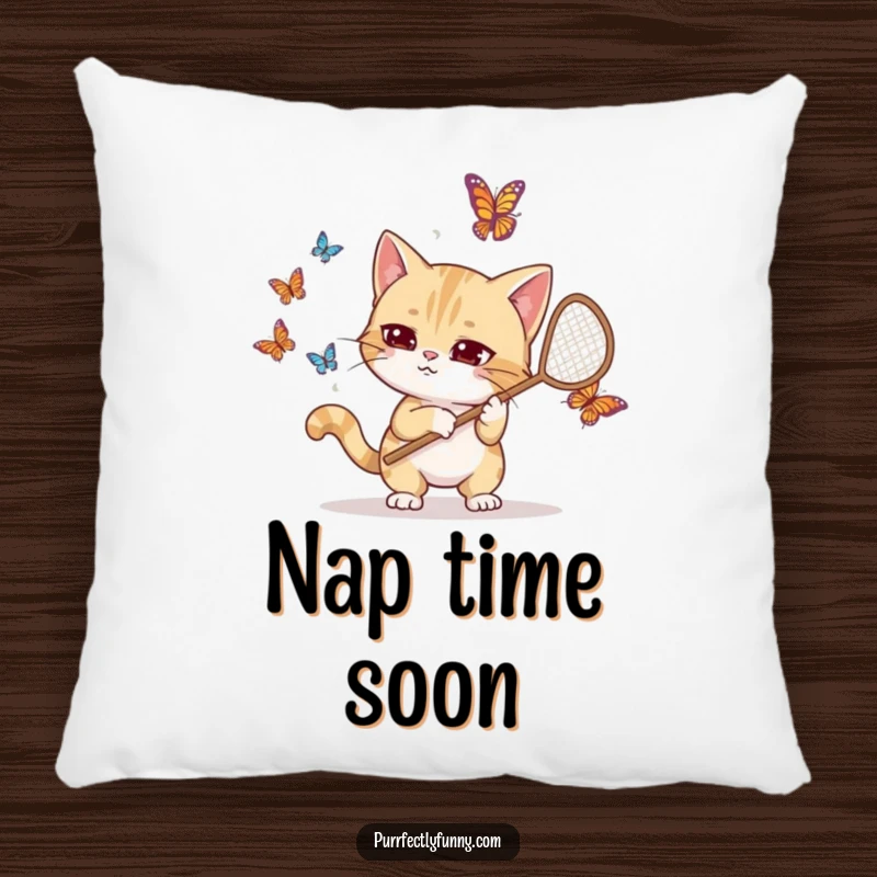 Funny pillow featuring a goofy cat in mid-action, net in paw, hilariously trying to catch butterflies, bringing amusement to any room.