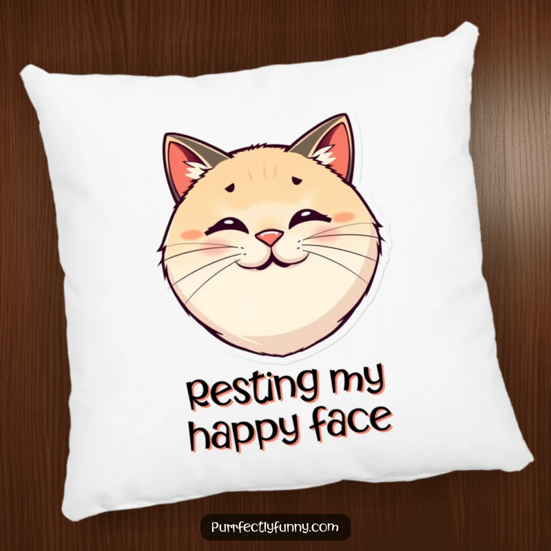 Funny decorative pillow with a round, smiling cat face and comically exaggerated, bouncy whiskers.