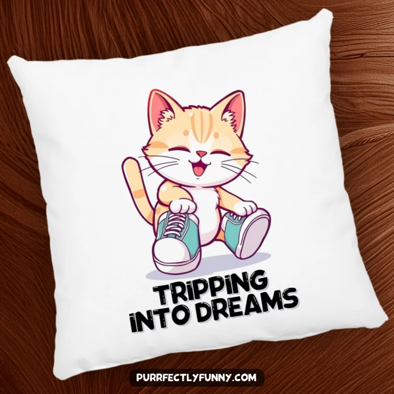 Funny cat pillow featuring oversized shoes and a playful tripping pose, cozy and humorous decor.