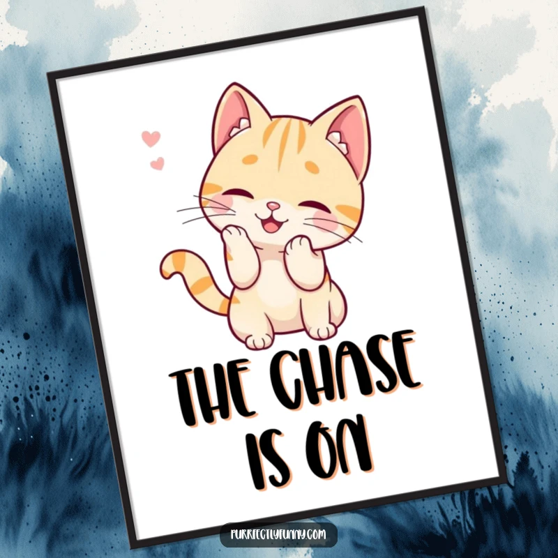 Funny digital art print of a stylized cat character in the act of playfully batting at a single, floating whisker, capturing a moment of pure amusement.