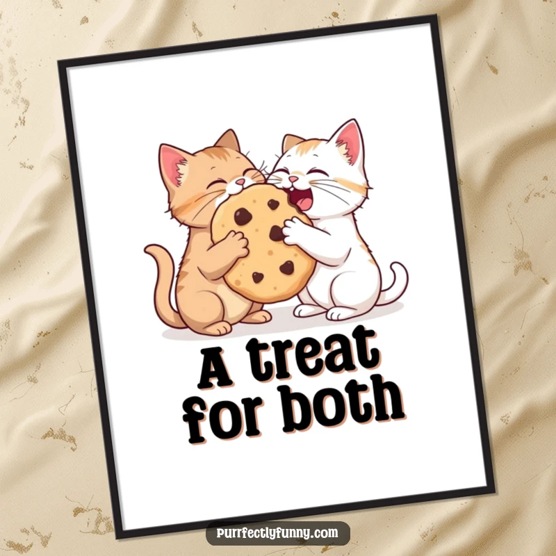 Funny digital art print of two cats playfully sharing a comically large cookie, sweet and humorous.