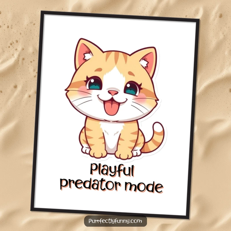 Digital art of a funny cat in a lively pouncing pose with its tongue playfully sticking out, perfect for humorous display.