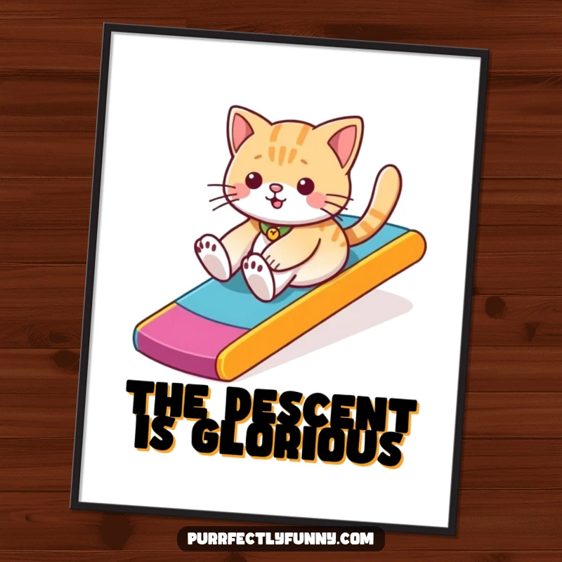 Digital art of a funny cat in a dynamic pose, sliding down a colorful ramp, perfect for instant playful wall decor.