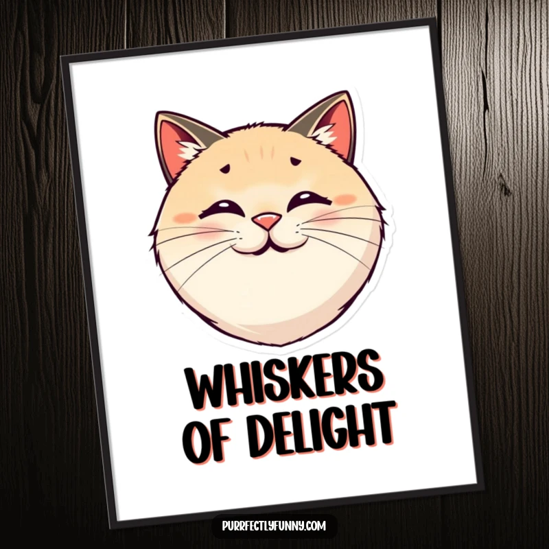 Funny digital art print of a round, smiling cat face with comically exaggerated, bouncy whiskers.