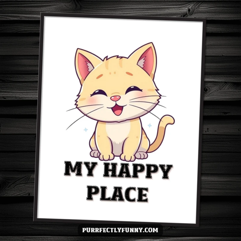 Funny digital art print of a stylized cat with whiskers elegantly curled into cheerful, happy spirals, capturing a moment of pure, blissful contentment.