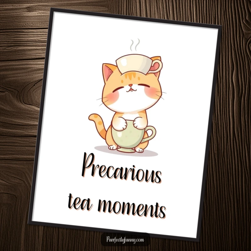 Funny digital art of a cat in a funny, unbalanced pose, failing to balance a teacup on its head, ready to print.