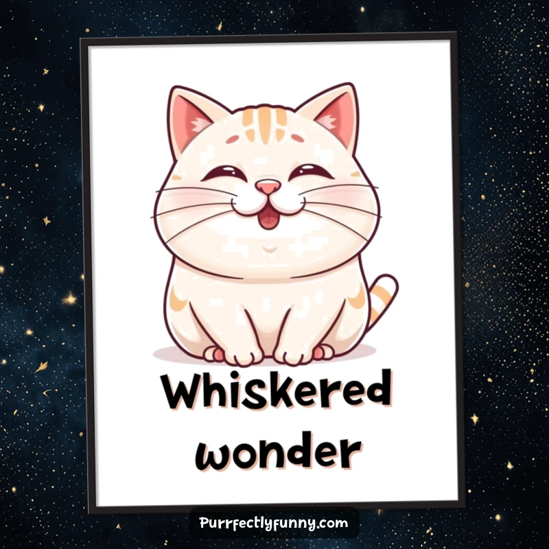 Funny Wobbly Whisker Cat Digital Art Print of a plump, cheerful cat wiggling its nose and a comically long whisker, ready for decor.
