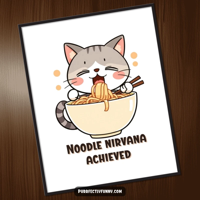 Funny digital art of a cat with eyes closed in delight, enthusiastically slurping a huge bowl of noodles, ready to print.