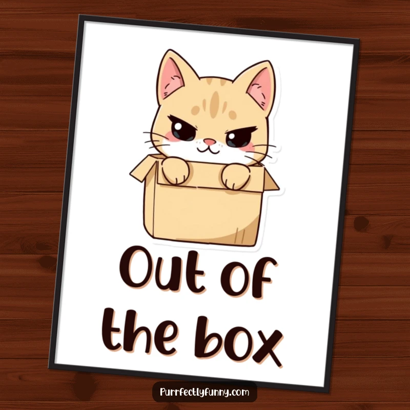 Funny cat character peeking from a box with a mischievous smirk, high-resolution digital art print, for instant playful decor.