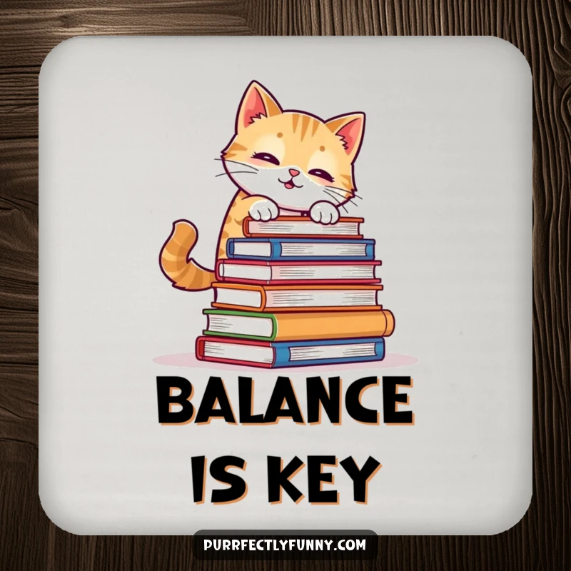 Funny Cat Coaster: A cat comically attempts to balance a stack of books, a humorous and practical coaster for book lovers' surfaces.
