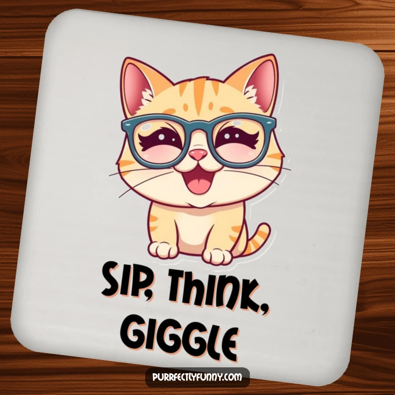 Funny cat wearing silly glasses, caught in a moment of pure giggling joy, printed on a protective drink coaster.