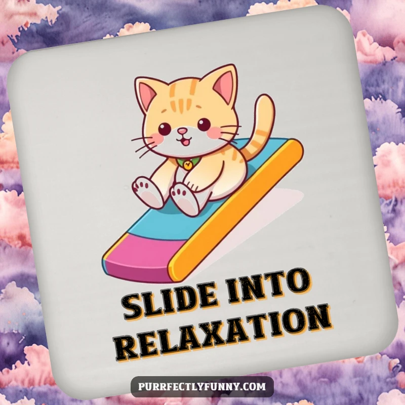 Funny cat captured mid-slide down a colorful ramp on a protective drink coaster, adding a playful touch.